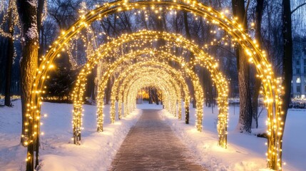 Fototapeta premium Snow-covered path in a park illuminated by holiday lights, leading toward a distant, warmly lit New Years Eve scene surrounded by peaceful nature