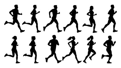 set of running people silhouette vector on tranparent background.