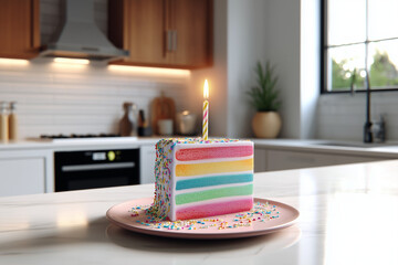 Colorful Birthday Cake Slice With Candle on a Kitchen Counter