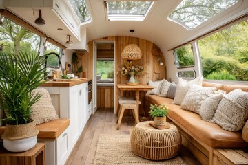 Renovated camper interior showcasing cozy bohemian design with kitchen and lounge area