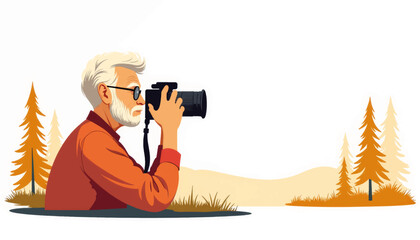 Elderly photographer capturing nature with vintage camera, creative art