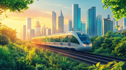 Naklejka premium A sleek modern train journeying through lush greenery towards a vibrant city skyline at dawn bathed in warm sunlight and