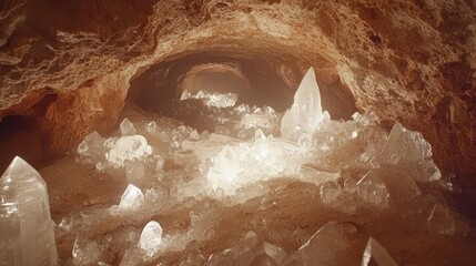 Crystal-filled cave interior illuminated by natural light.