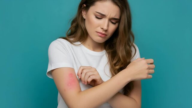 Young woman feeling itchy rash on forearm against blue background  