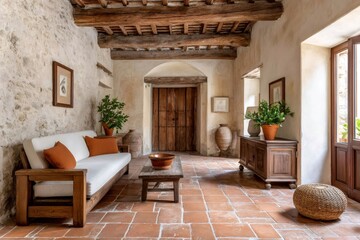 Elegant living room interior design showcasing rustic charm and antique furniture