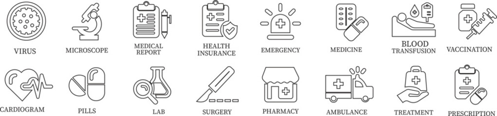 Medical line art icon set.Editable stroke. For Mobile and Web. The icon contains Healthcare And Medicine, Medical Exam, Medicine, Hospital, Doctor, Medical Insurance, Nurse, Stethoscope, Ambulance.