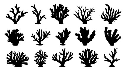 Seaweed silhouettes, coral black icon. Abstract organic shape, underwater plant, matisse element, cute sea doodle.