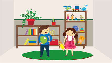 Children playing with toys in the room. Vector illustration in flat style