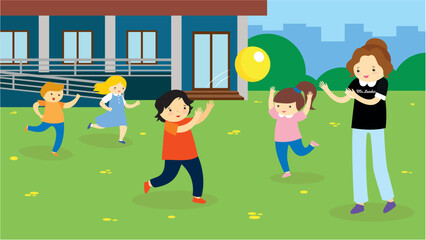 Children playing in the park. Vector illustration in flat cartoon style.