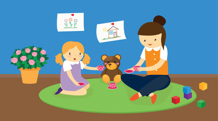 Children play with toys in the room. Flat design vector illustration.