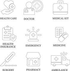 Medical line art icon set.Editable stroke. For Mobile and Web. The icon contains Healthcare And Medicine, Medical Exam, Medicine, Hospital, Doctor, Medical Insurance, Nurse, Stethoscope, Ambulance.