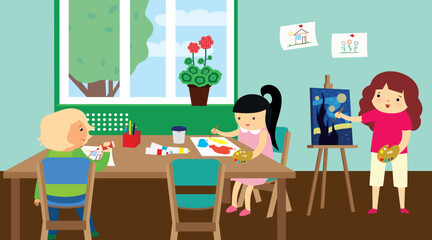 Children painting in the classroom. Vector illustration in flat cartoon style.