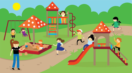 Children playing on the playground. Vector illustration in flat cartoon style.