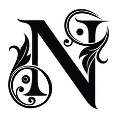 Elegant Decorative Letter N Monogram Logo with Floral Ornaments