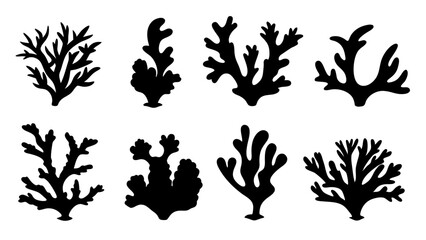 Seaweed silhouettes, coral black icon. Abstract organic shape, underwater plant, matisse element, cute sea doodle.