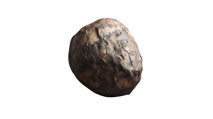 Closeup of a dark, rough-textured asteroid isolated on white  background ideal for space science or cosmic art projects.