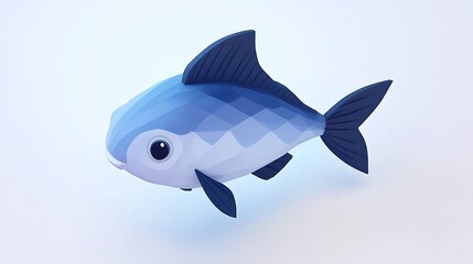 3D render of a cute, stylized shark with blue and white geometric features.