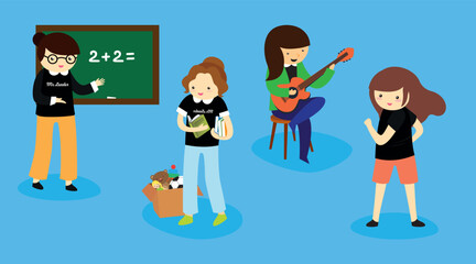 Children play the guitar in the classroom. Vector illustration in flat style