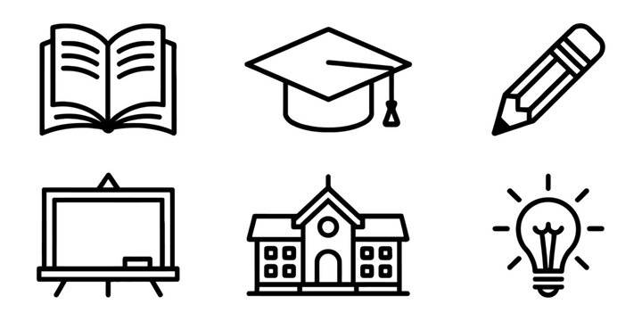 Education Icon Set. Outline of book, graduation cap, pencil, chalkboard, school building and light bulb. Suitable for learning concept