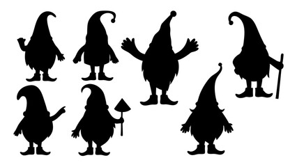 set of gnomes different poses silhouette vector on tranparent background