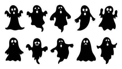 set of halloween ghosts silhouette vector on tranparent background