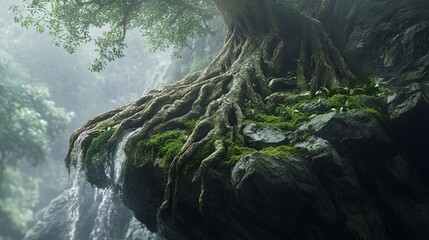 Roots of ancient tree gripping mossy rock ledge.