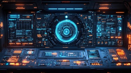 Obraz premium Navigating a digital frontier on a spaceship control panel illuminated with futuristic blue and orange glowing lights
