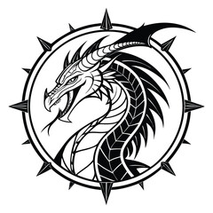 Intricate monochrome dragon emblem with spiked circle frame