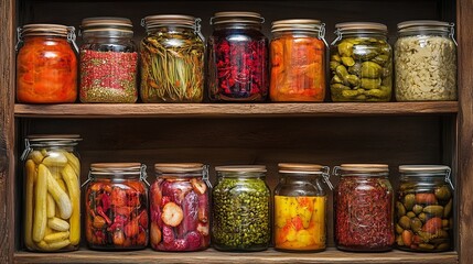 glass jars with organic food products on a pantry shelf.