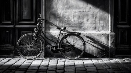 A vintage bicycle rests by a cobblestone wall, evoking timeless simplicity in monochrome.