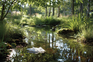 A serene pond with small water bubbles on the surface, surrounded by lush green grass and trees in the background