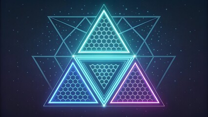Obraz premium Three glowing triangles stacked against a starry background with geometric line art overlayed behind