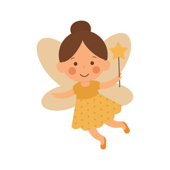 Flat vector illustration in children's style. Cute flying fairy with a magic wand.