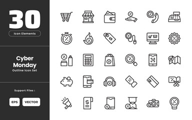 Cyber Monday Icon Set Collection - Outline Line Art Style. Containing Trolley, Store, Money Wallet, Discount Offer, Customer Support, Cash Register, Flash Sale, Hot Sale, Discount Tag, Online Shopping