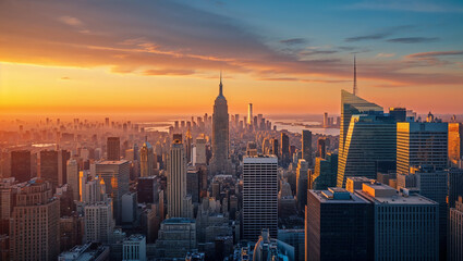 Obraz premium Warm orange sunset illuminating the impressive skyline of a modern metropolis