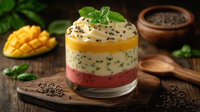 Colorful layered smoothie dessert in a glass