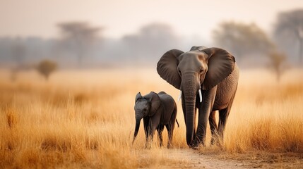 Obraz premium Elephant mom protecting her baby in the savannah