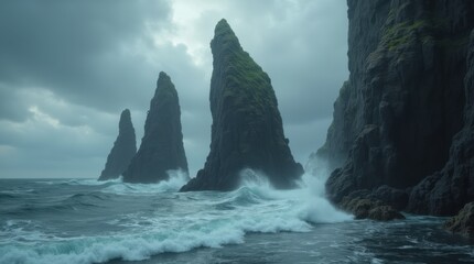 Dramatic Photo of Towering Basalt Sea Stacks Bathed in Stormy Waves
