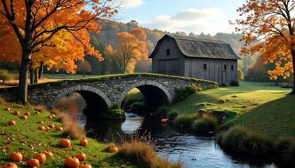 Fototapeta premium Autumn Landscape with Old Wooden Barn and Stone Bridge Over Creek Surrounded by Colorful Trees