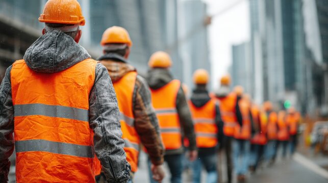 Construction workers marching through urban streets cityscape photography daytime perspective on labor and industry