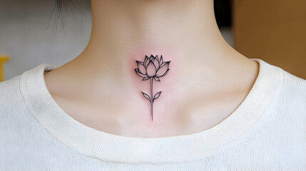 Close Up Minimalist Black Ink Lotus Flower Tattoo on a Woman's Neck