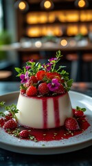 Delicious panna cotta decorated with strawberries and flowers in a restaurant setting