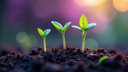Three vibrant seedlings emerge from rich soil, bathed in the warm glow of the setting sun, symbolizing growth, renewal, and the promise of a bountiful future.