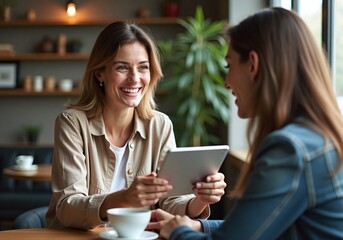 Happy real estate agent using digital tablet with her clients during consultations in office
