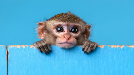 Adorable Baby Monkey Peeking Over Blue Wooden Fence