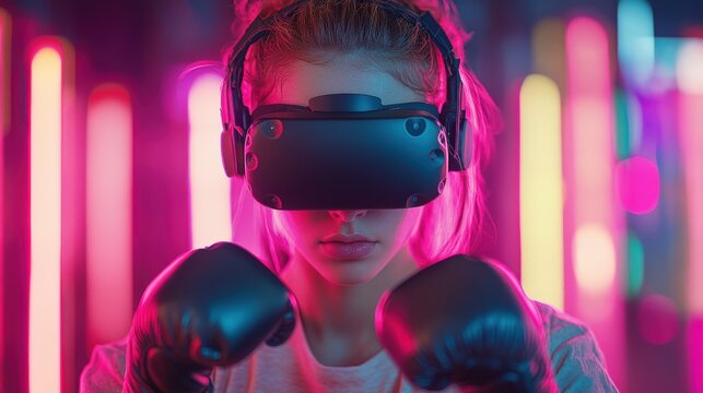 Girl Boxing in Virtual Reality with Neon Lights