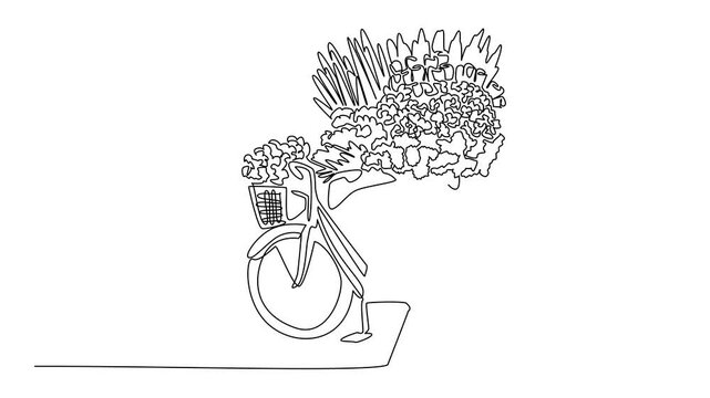 Self drawing animation of single one line drawing a bicycle with a pile of flowers on back. Selling flowers around. Small business from an early age. National Small Business Day. Full length animated