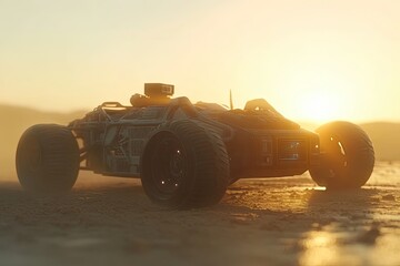 Futuristic dune buggy at sunset