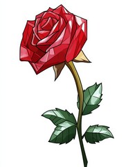 A single red rose with a long stem and leaves on a white bg
