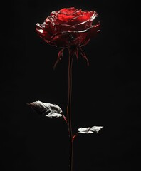 A single red rose with a long stem and leaves on a white bg